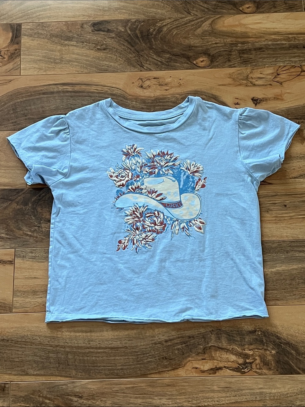 Lucky Brand Girls 8/10 Western Cowboy Hat Floral Graphic Tee Blue Cowgirl Shirt